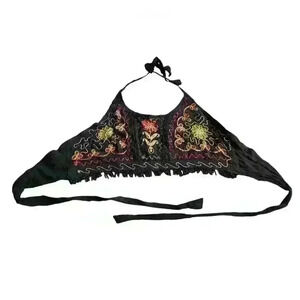 Womens Boho Embroidered Floral Fringe Festival Cropped Halter Top OS